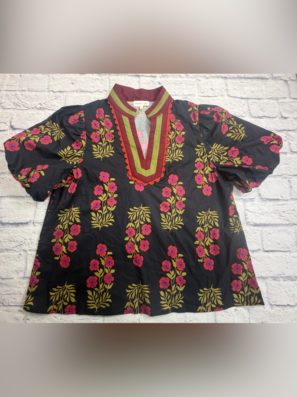 Anthropologie Entro Black/Burgundy  Floral Blouse w/Olive Green Trim. Size L.